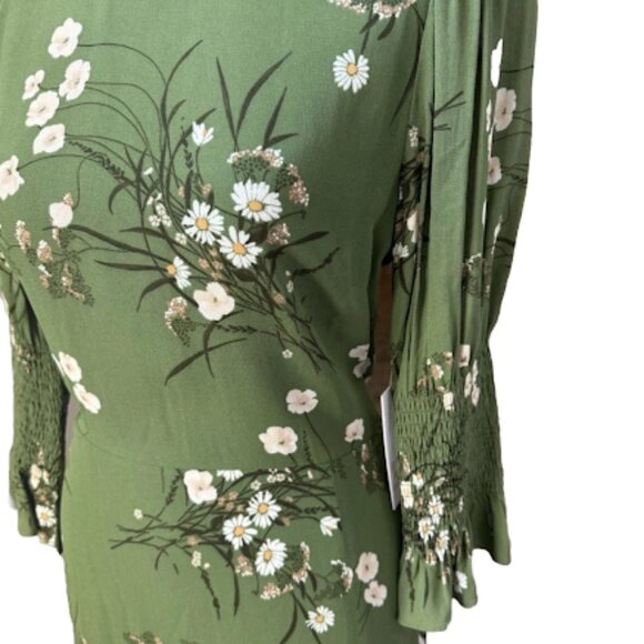 Reformation Green Floral Midi Dress Puff Sleeve Front Slit Boho Romantic Chic 4 - Picture 9 of 11